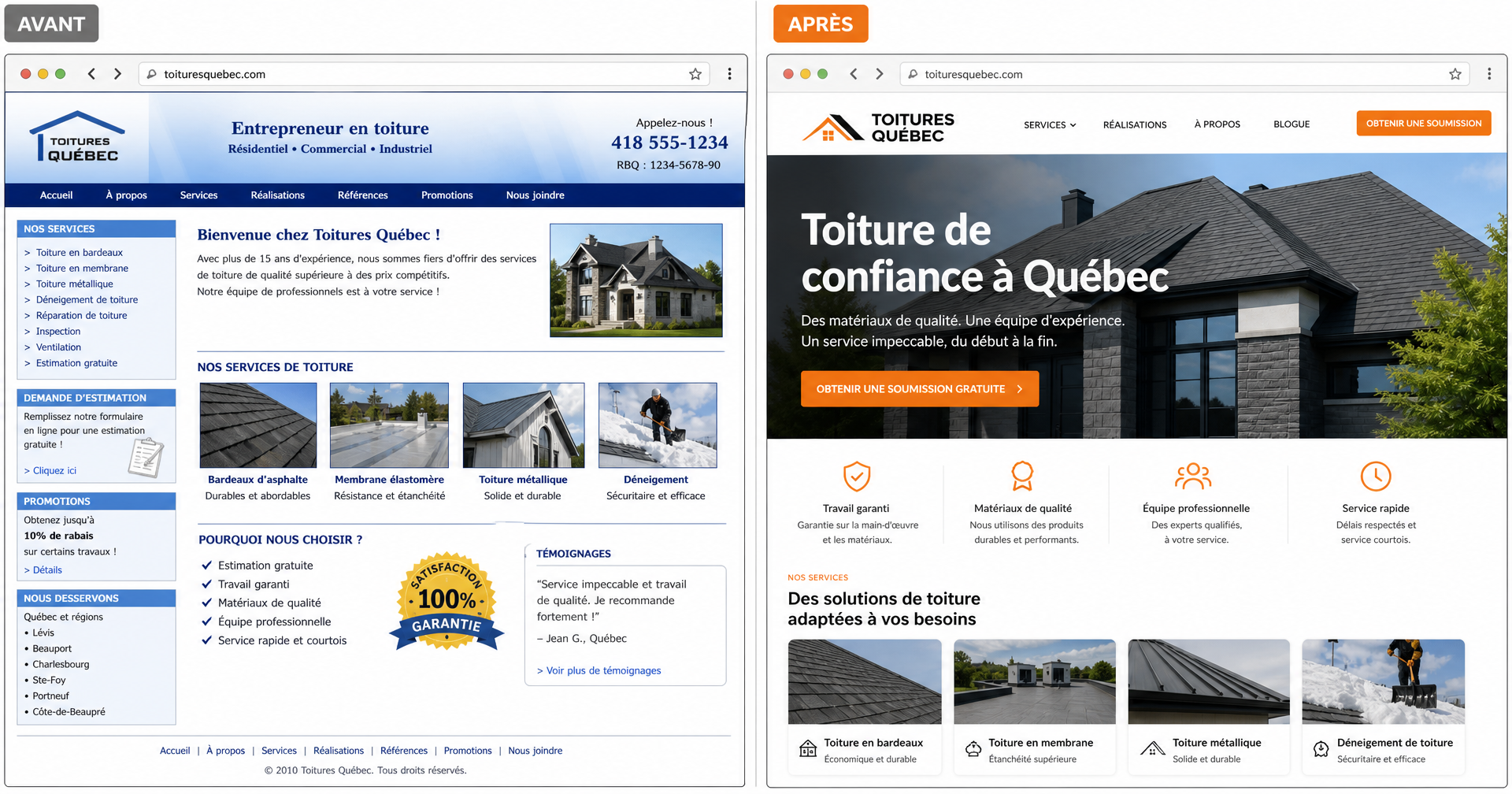 Site d'un couvreur québécois avant et après sa refonte par Propulsion