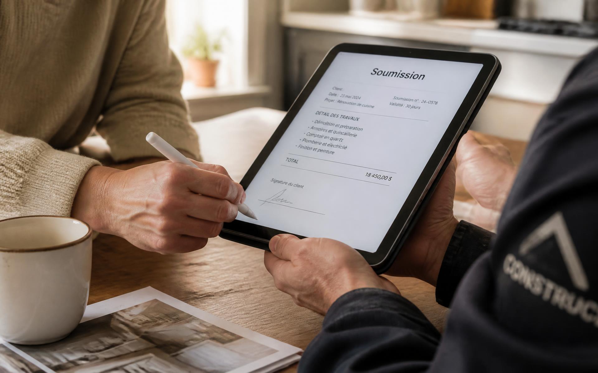 Client signant une soumission sur la tablette d'un entrepreneur
