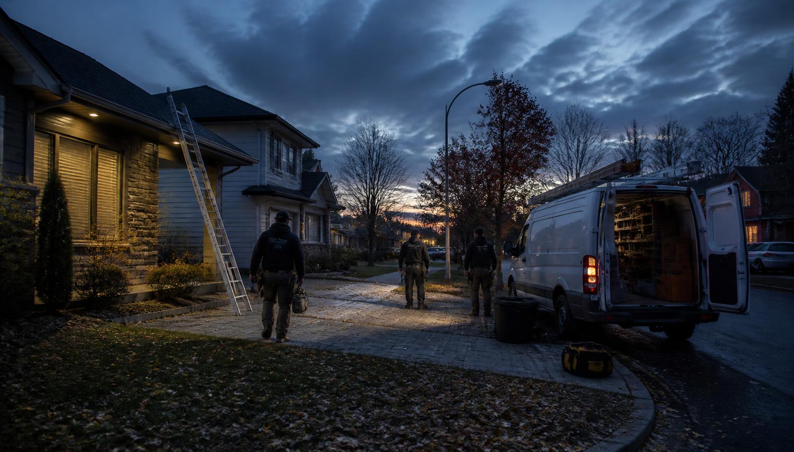 Équipe de service terminant une journée de chantier résidentiel au crépuscule