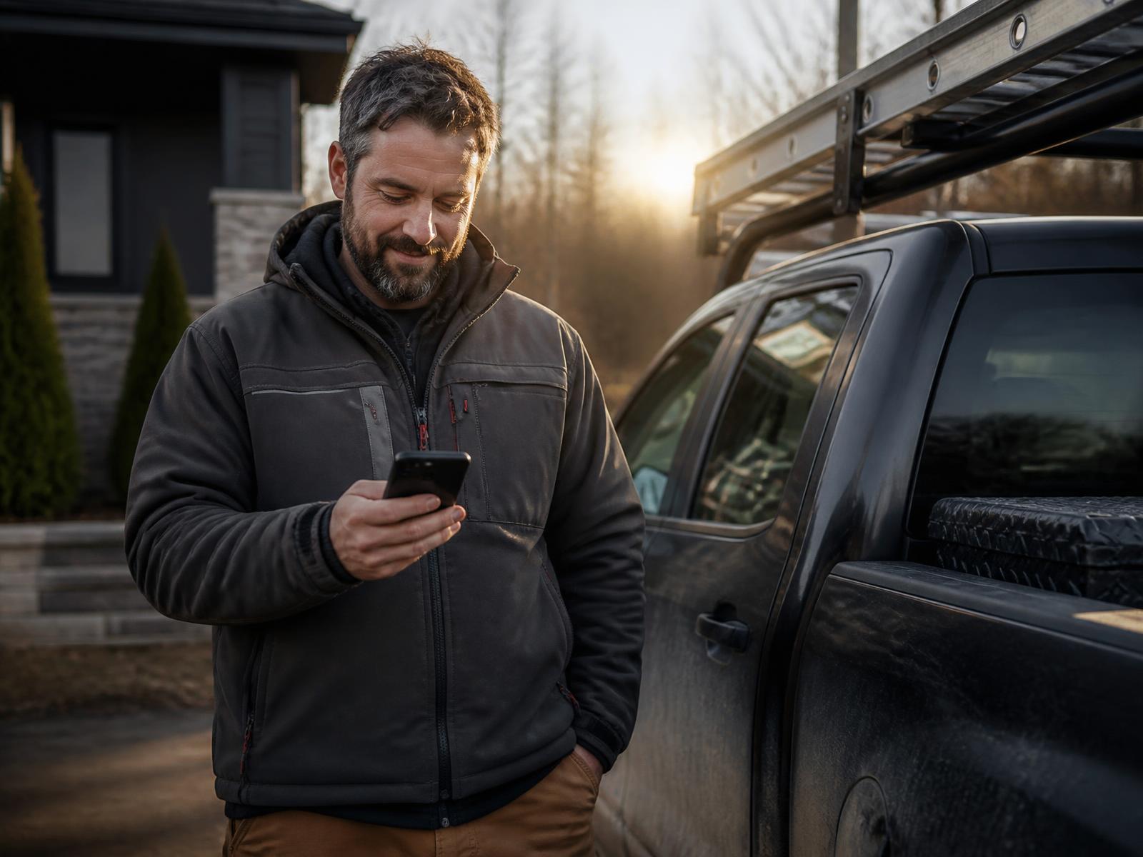 Entrepreneur québécois consultant ses demandes sur son téléphone à côté de son camion